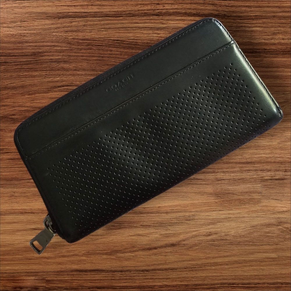 Coach Black Perforated Leather Zip Around Wallet